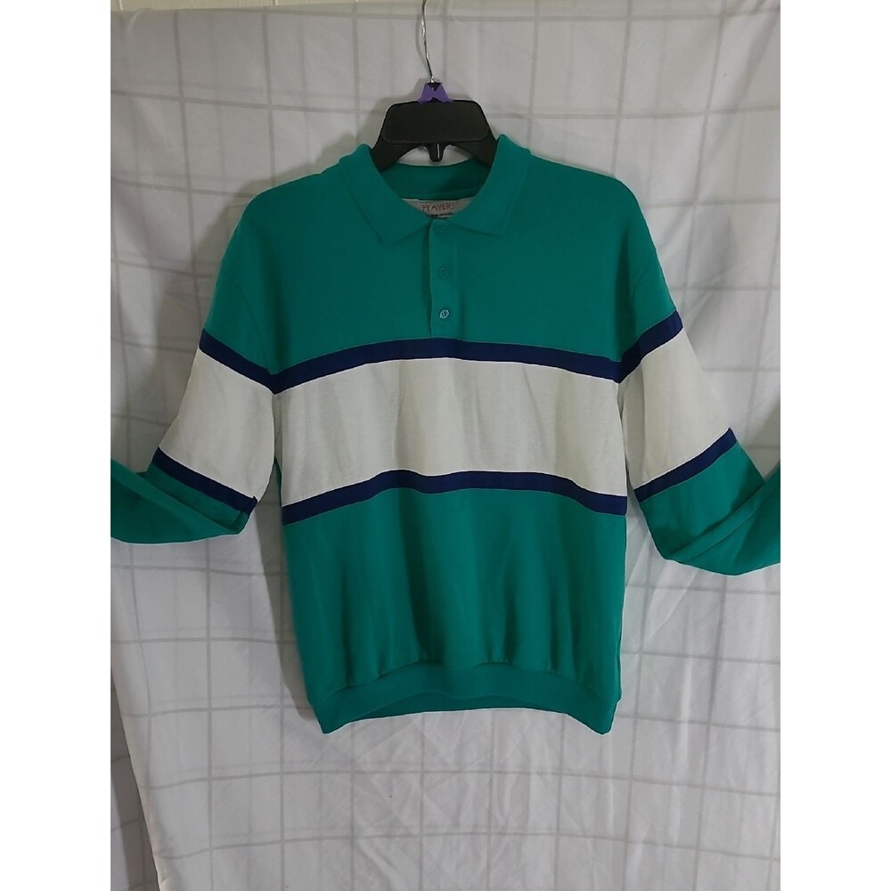 Players by Van Heusen Men's M Polo Sweatshirt Green White Blue Striped Vintage